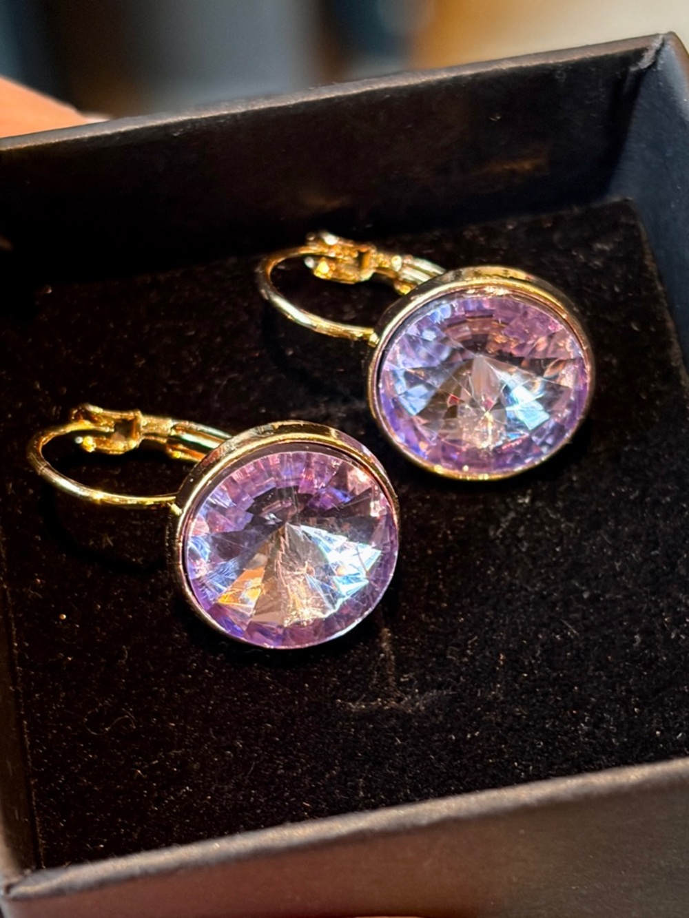 Purple Brilliant Crystal Statement Drop Earrings Assorted Finish In Gold Tone